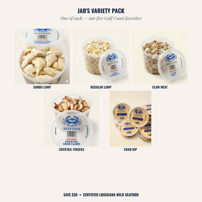 Jab's Variety Pack — one of each of our five Gulf Coast crab favorites